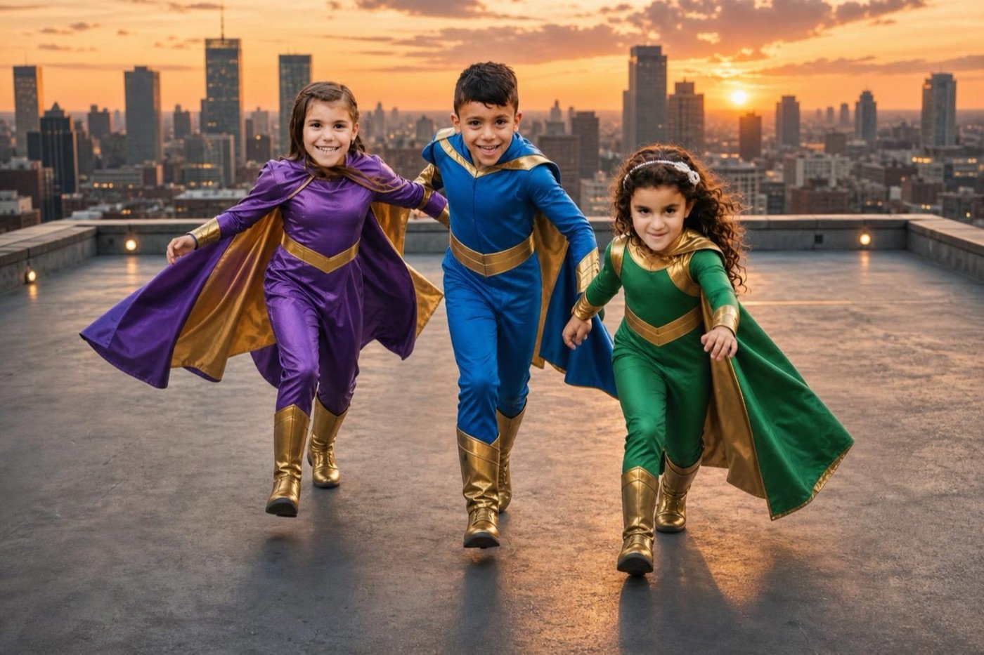 ילדים אחרי עיבוד AI — גיבורי על על גג מעל העיר